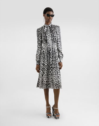 Obleke Dolce & Gabbana Satin Calf-Length Shirt Dress With Leopard Print Večbarvna | F6JQUTFS1GTHI13N, 1