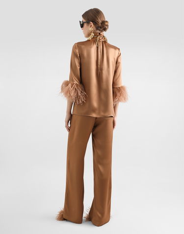 Srajce Dolce & Gabbana Double Satin Turtle-neck Top With Feathered Detailing Rjava | F7AL6TFU1NUM0180, 2