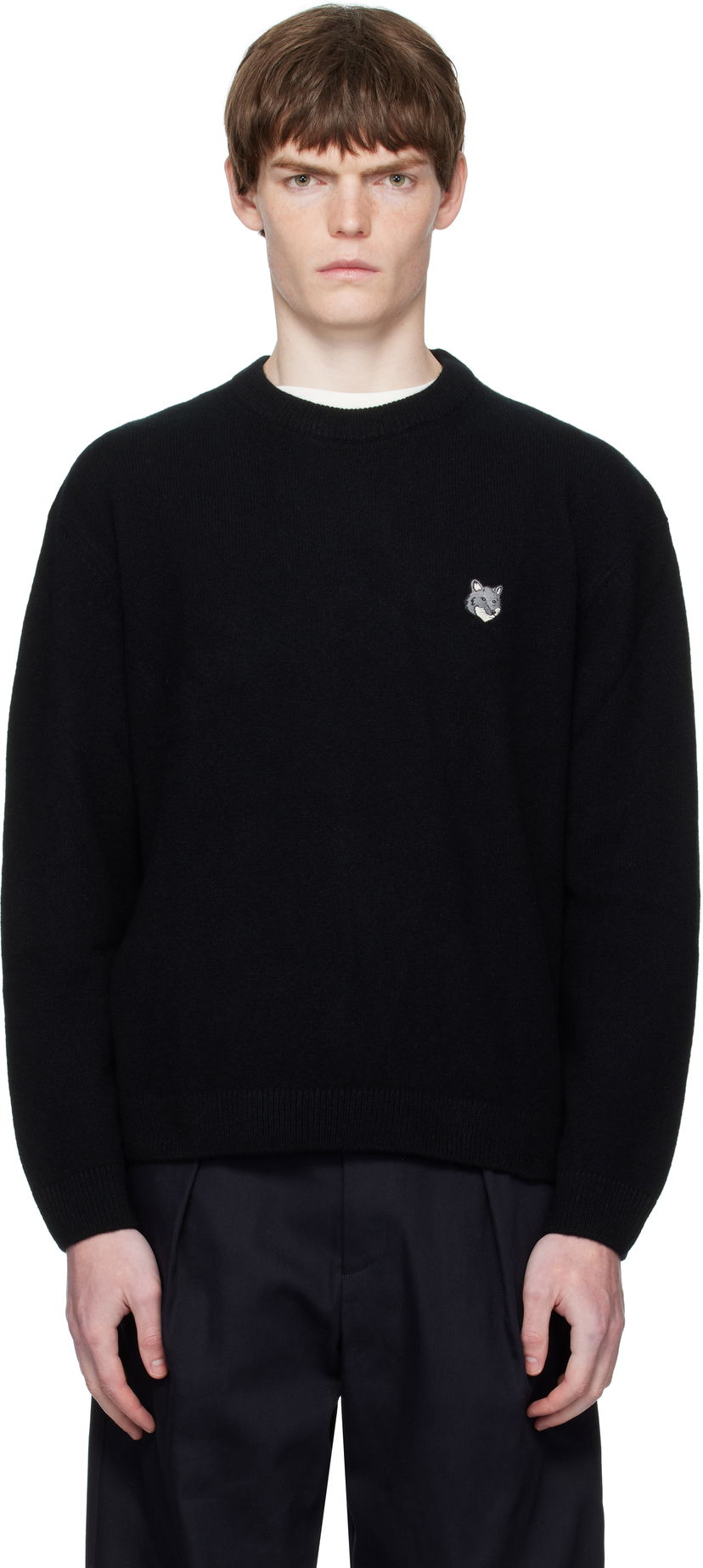 Pleteni pulover MAISON KITSUNÉ Maison Kitsuné Fox Head Lambswool Sweater Črna | PM00803KT1006