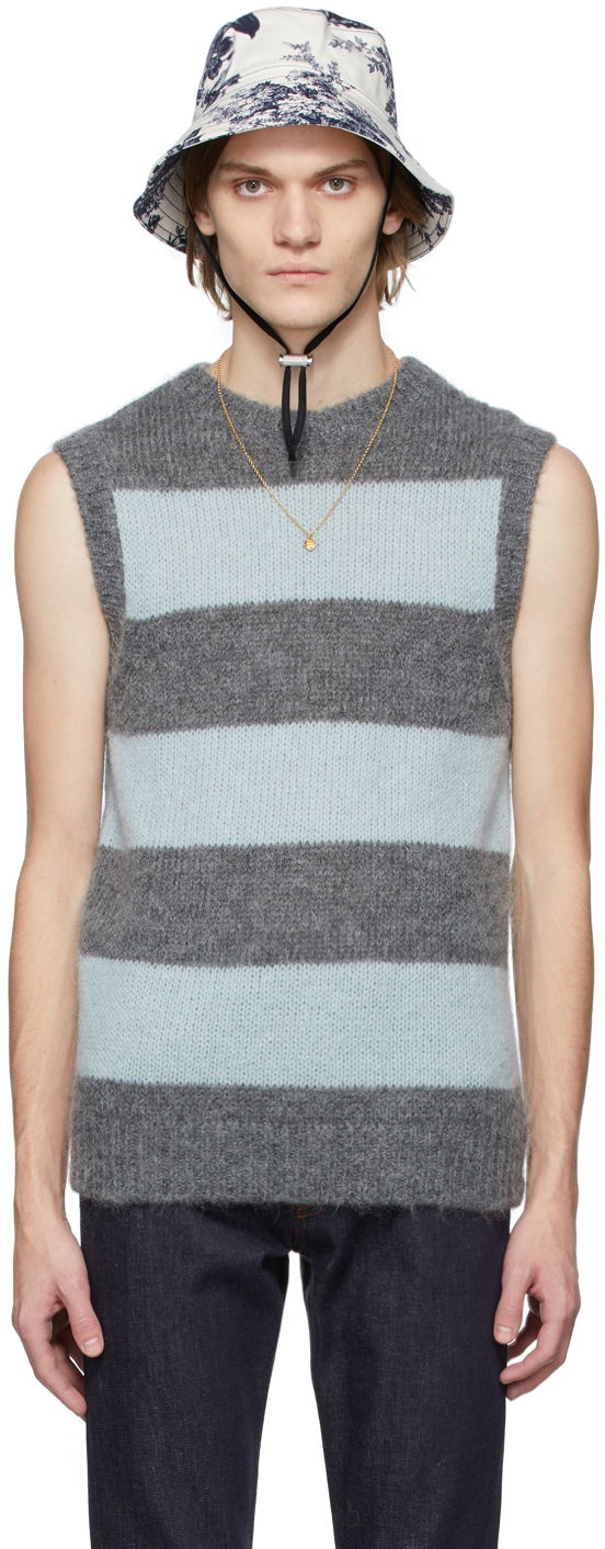 Pleteni pulover Erdem Erdem Ethan Mohair Striped Vest Siva | MW22_801MGGMK
