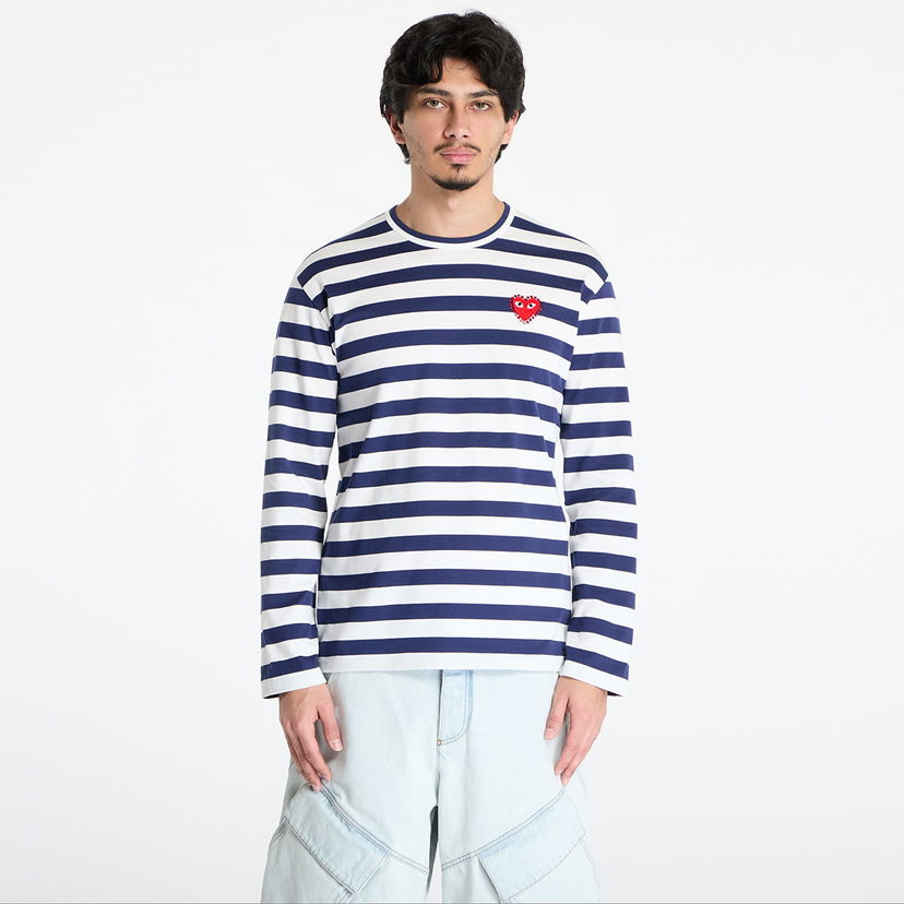 Majica Comme des Garçons Comme des Garçons PLAY Stripe Emblem Long Sleeve T-Shirt with Rhinestone Mornarica | AX-T805 NAVYxWHITE