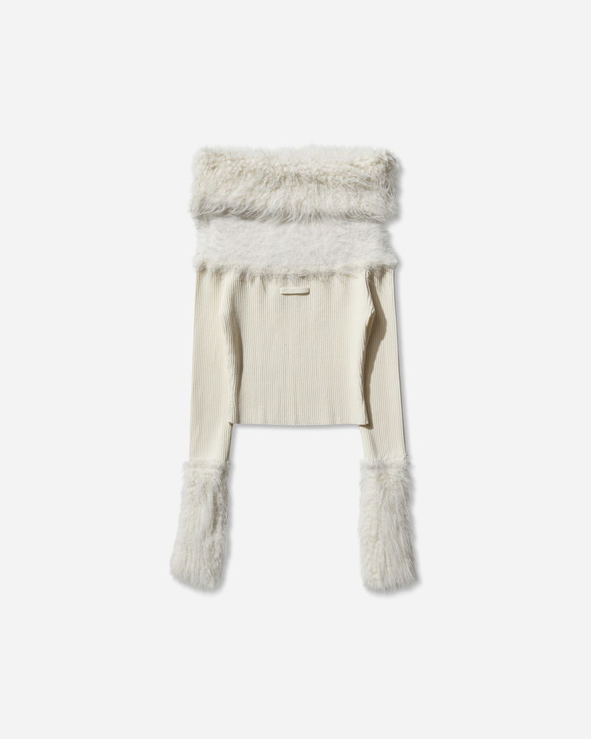 Pleteni pulover Jean Paul Gaultier Off-Shoulder Faux Fur Trimmed Sweater Bela | 2503WPO018K005 03