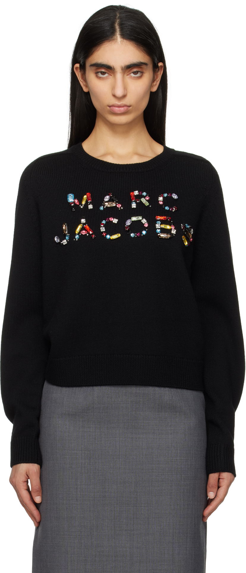 Pleteni pulover Marc Jacobs Marc Jacobs Knit Logo Sweater with Gem Embellishments Črna | 2S5RTP001K26