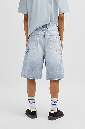 Kratke hlače BOSS Striped Denim Wide-Leg Shorts Modra | 50534609, 1