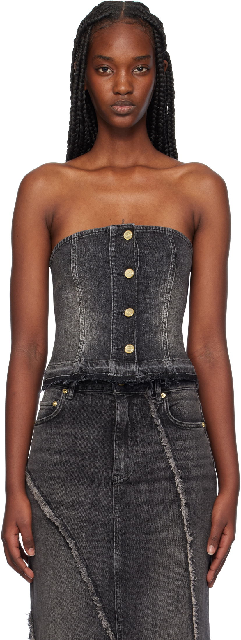 Majica brez rokavov GANNI Washed Denim Button Up Top Črna | J1586