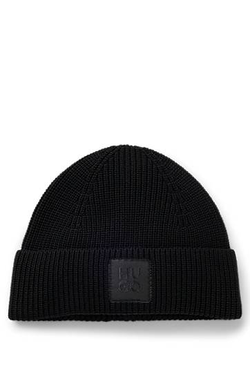 Beanie BOSS Wool-Blend Beanie with Logo Label Črna | 50548413