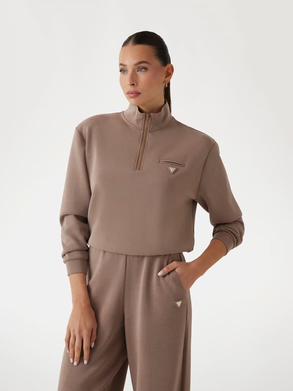 Pulover GUESS Cropped Half Zip Sweatshirt Rjava | V5RQ10KCAY2