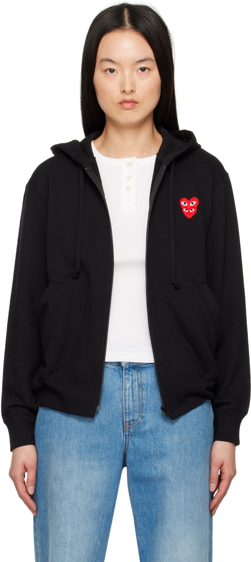 Pulover Comme des Garçons COMME des GARÇONS PLAY Layered Heart Zip Hoodie Črna | T294-051