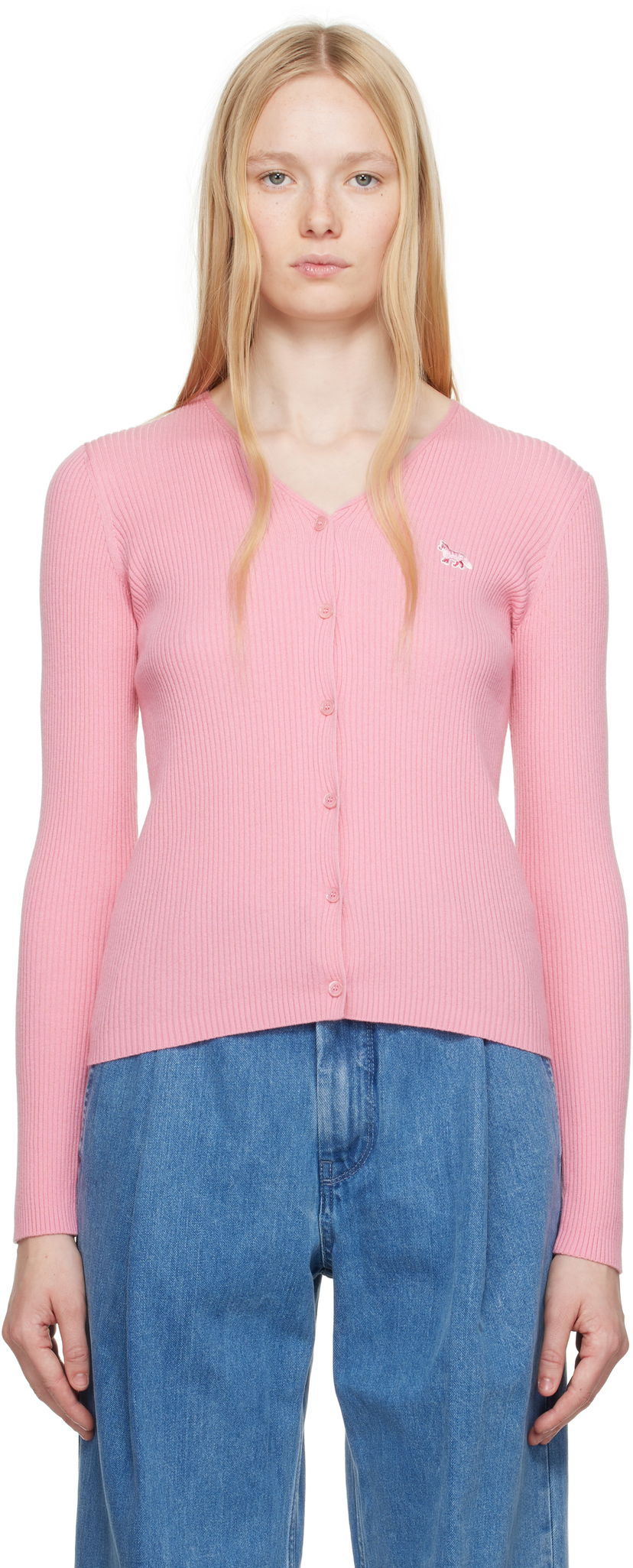 Pleteni pulover MAISON KITSUNÉ Maison Kitsuné Baby Fox Patch Fine Ribbed Cardigan Roza | OW00501KT1091