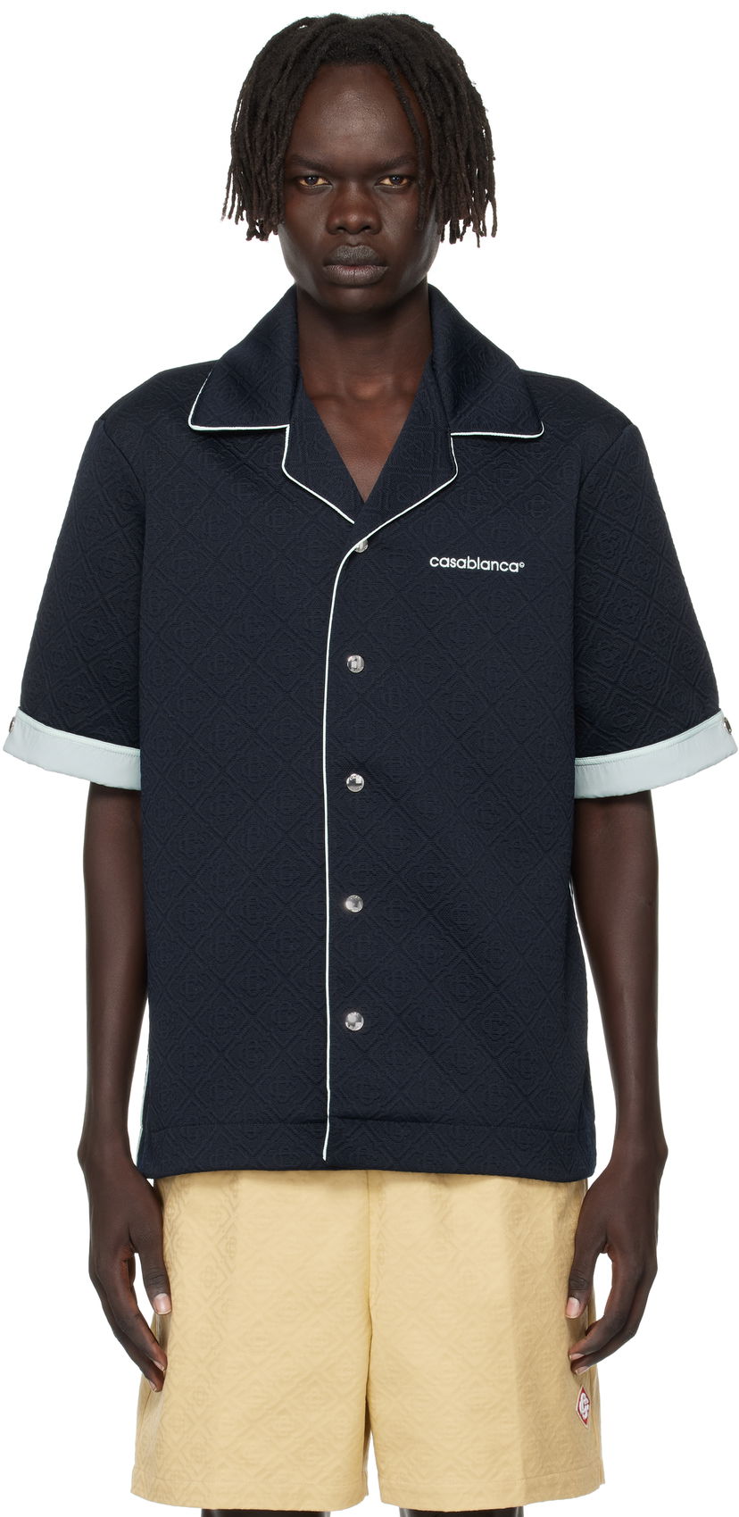 Srajce Casablanca Casablanca Jacquard Short Sleeve Shirt Mornarica | MPF25-SH-190-01