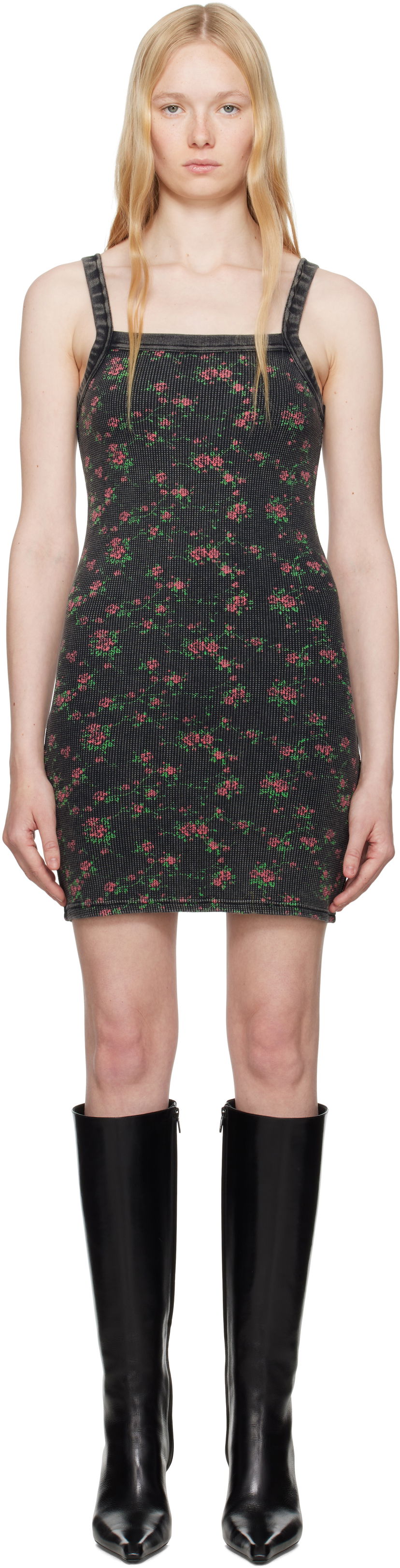 Obleke Alexander Wang Alexander Wang Floral-Print Waffle Knit Mini Dress Črna | 8C4246605P