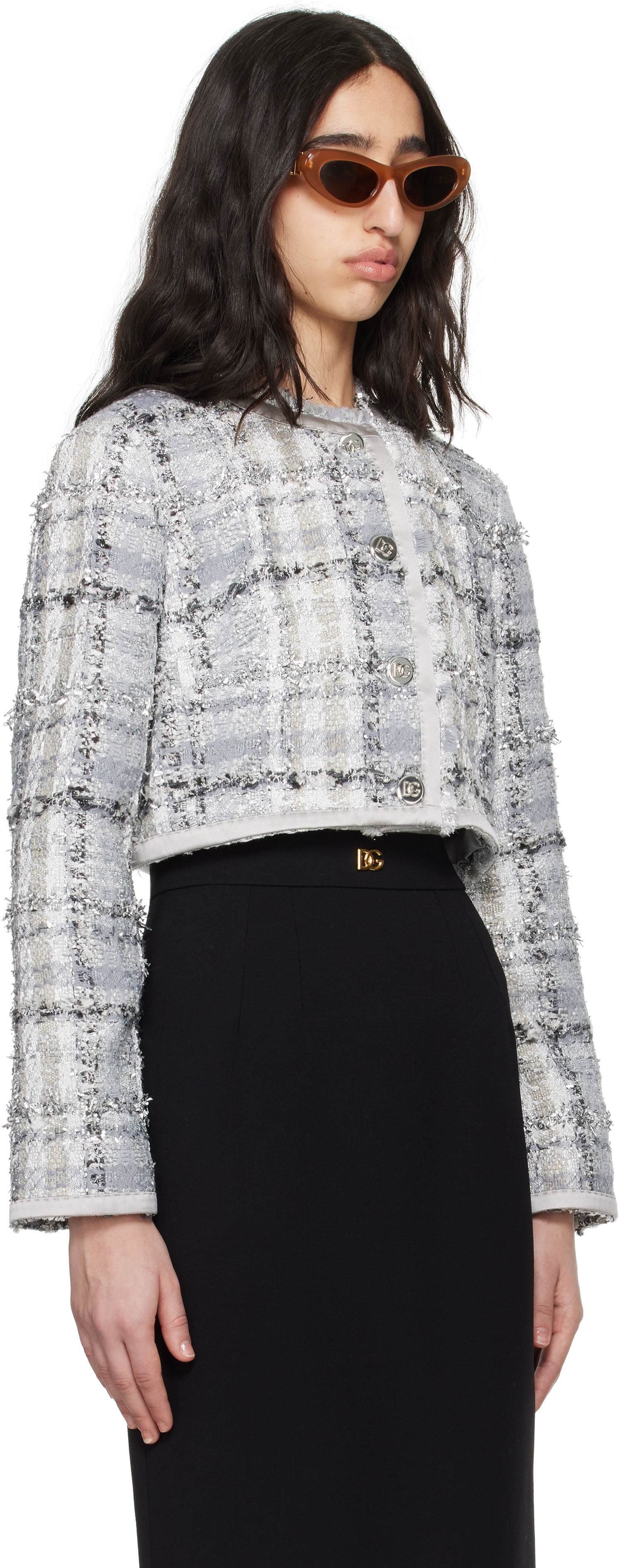 Jakna Dolce & Gabbana Dolce&Gabbana Short Check Lurex Raschel Tweed Jacket Siva | F27DQT FQZAE, 1