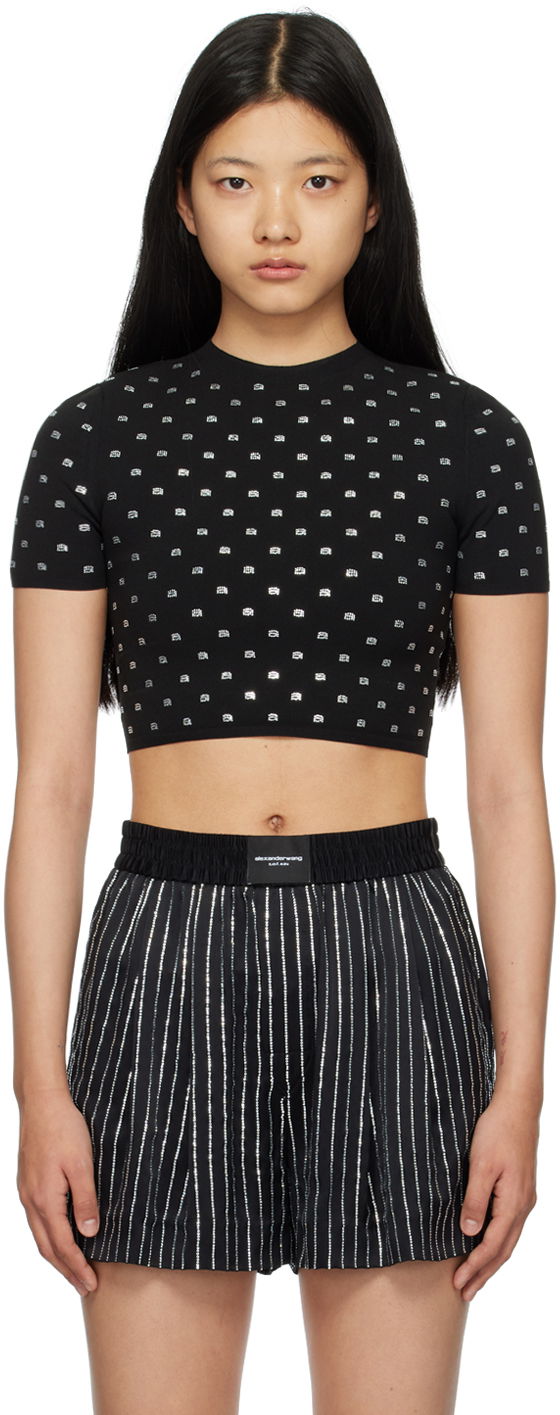 Krop-top Alexander Wang Alexander Wang Cropped Crystal T-Shirt Črna | 1KC1231052
