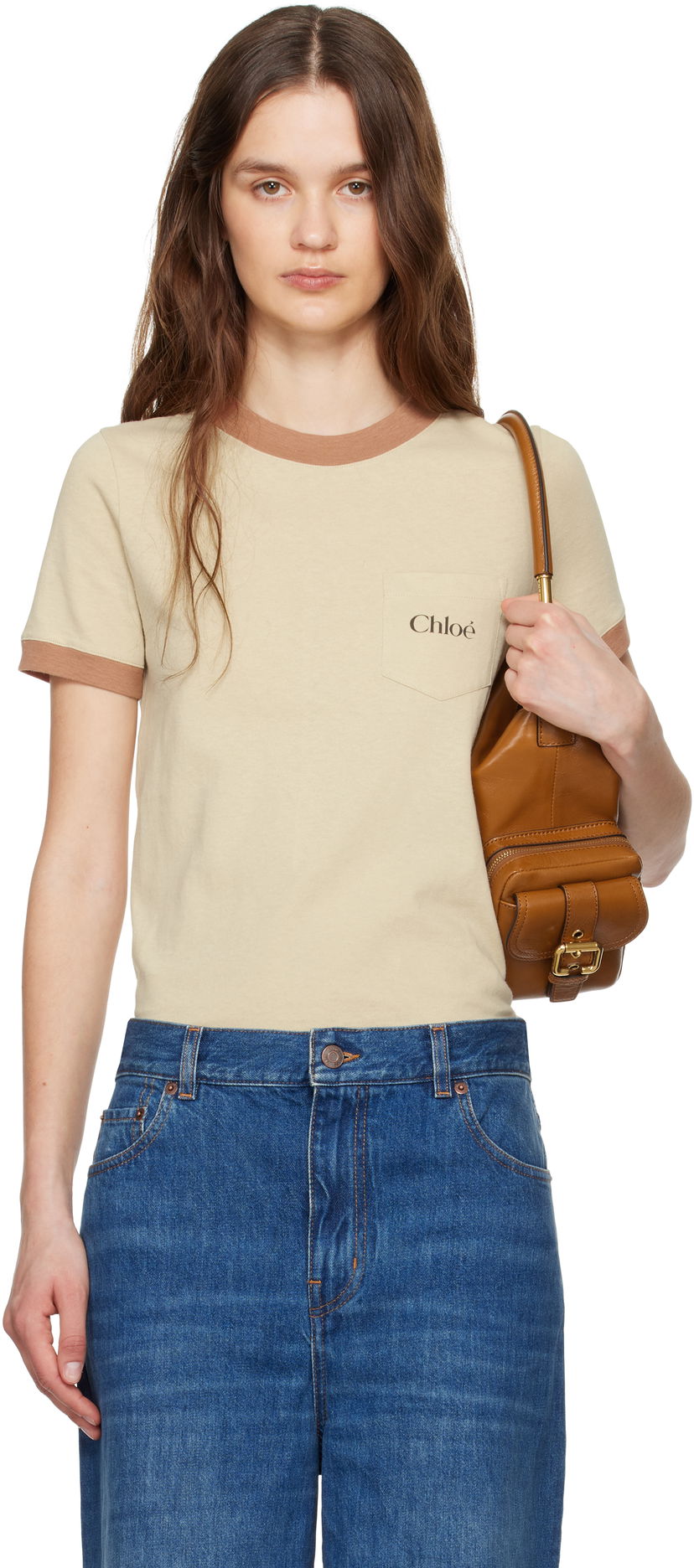 Majica CHLOÉ Chloé Crew Neck Logo Pocket T-Shirt Bež | CH25UJH04187