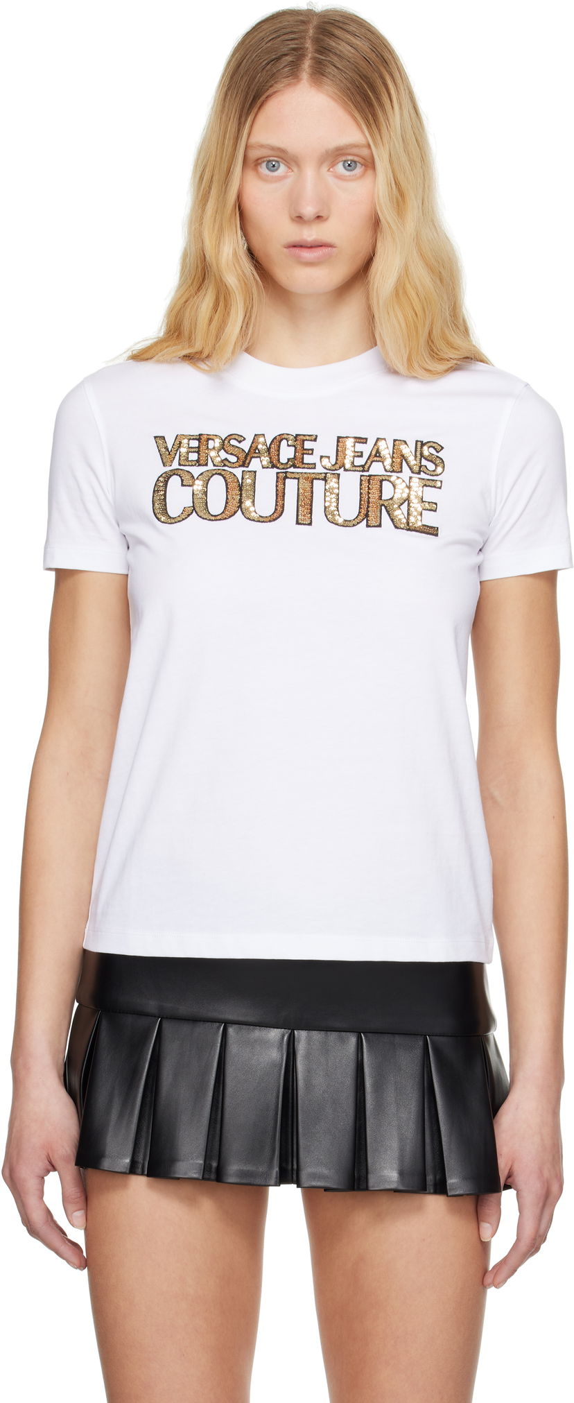 Majica Versace Versace Jeans Couture Sequinned Logo T-Shirt Bela | E78HAHE02_ECJ00E