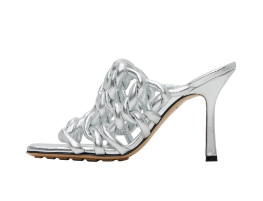 Superge in čevlji Bottega Veneta Stretch Mule Heeled Sandals "Silver" Siva | 716242 V29N0