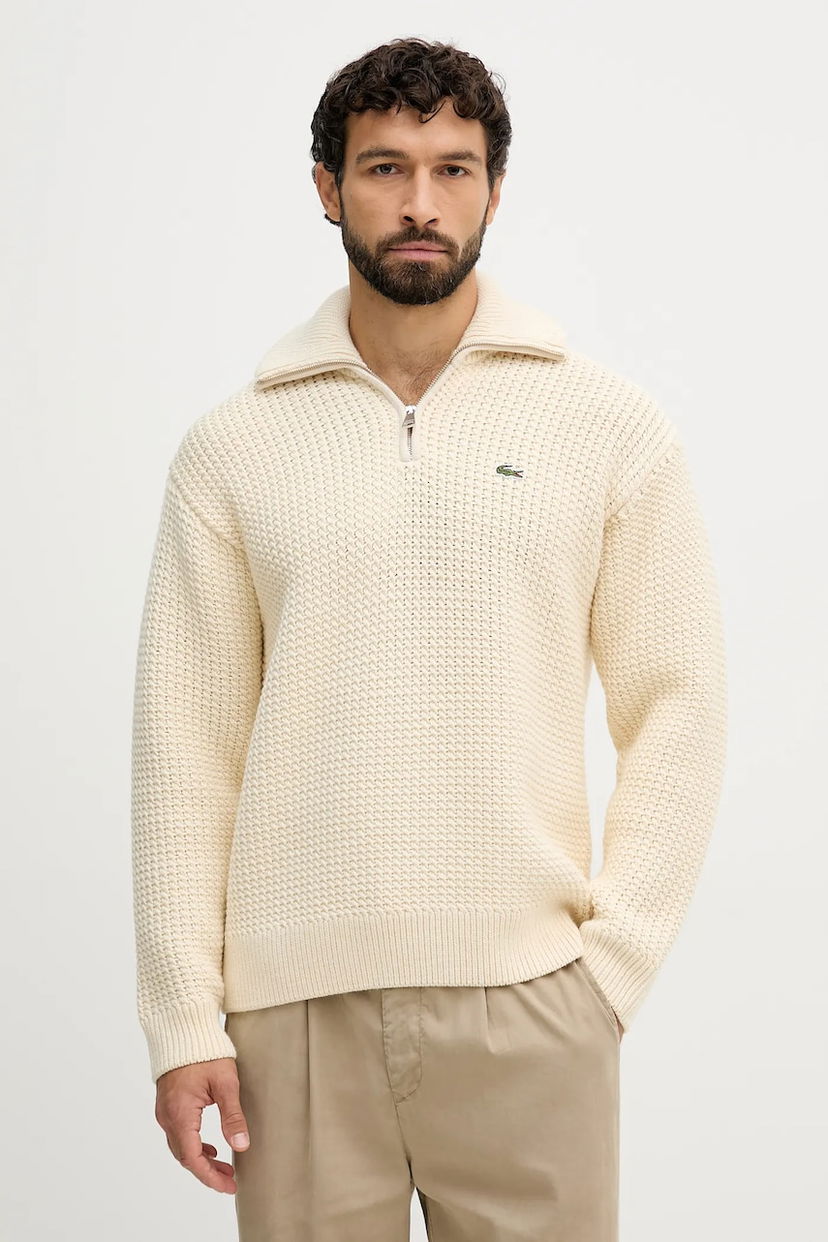 Pleteni pulover Lacoste Wool Blend Waffle Knit Half-Zip Polo Sweater Bež | AH5205