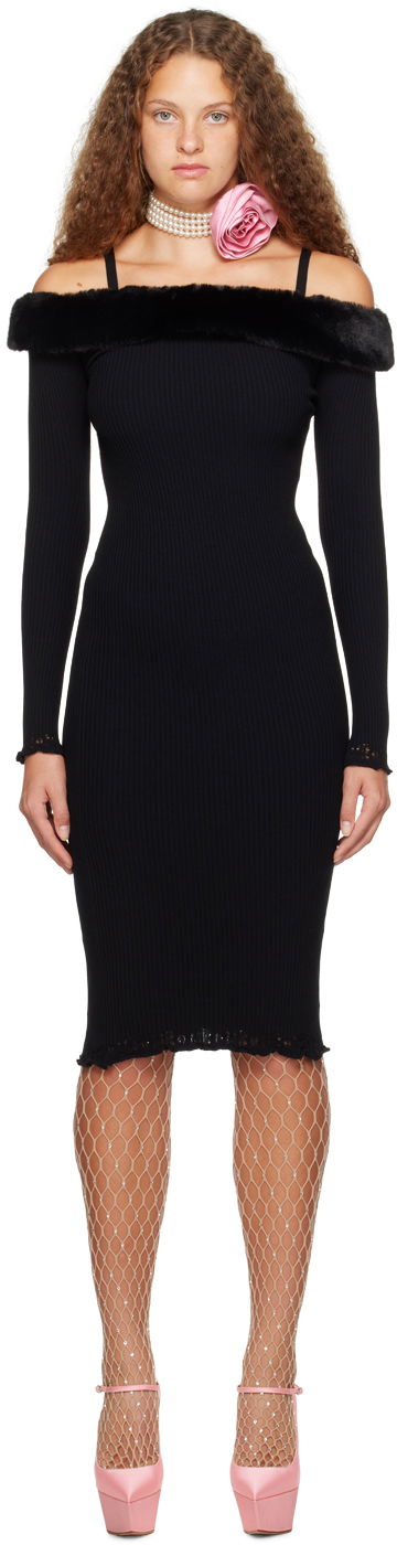 Obleke Blumarine Blumarine Faux-Fur Trim Midi Dress Črna | A322A384B, 0