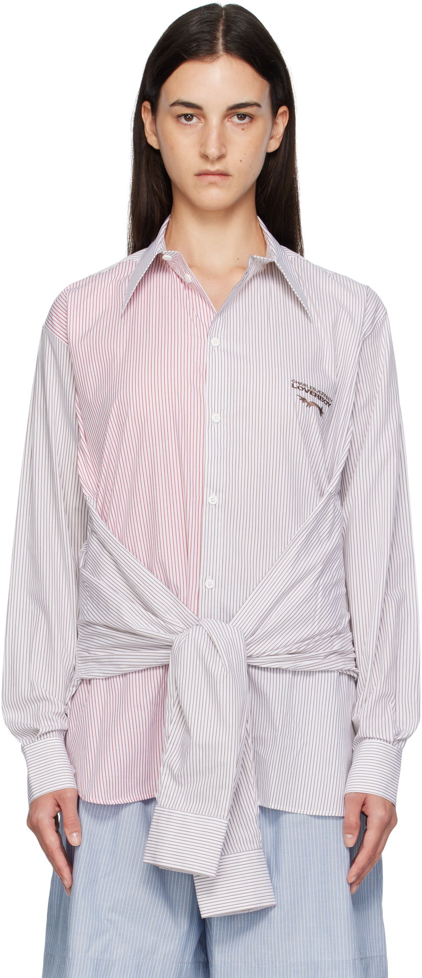 Srajce Charles Jeffrey Loverboy Charles Jeffrey LOVERBOY Long Sleeve Striped Split-Panel Tie-Front Button-Up Shirt Večbarvna | 52070402