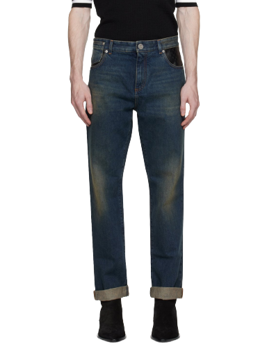 Kavbojke Balmain Leather Pocket Jeans Mornarica | BH0MI043DD83