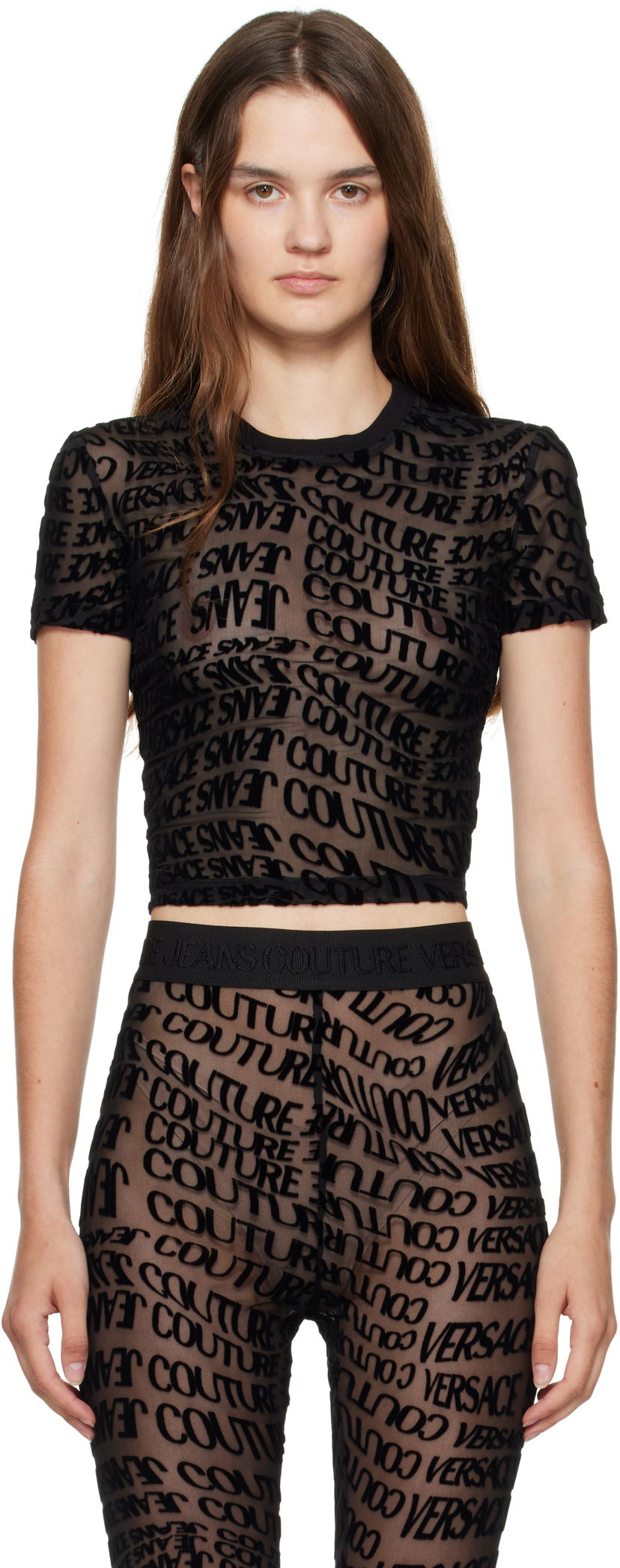 Majica Versace Versace Jeans Couture Tulle Flock Liquify T-Shirt Črna | E79HAH602_EJS490