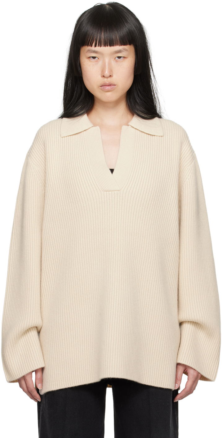 Pleteni pulover TOTEME TOTEME Ribbed Polo Sweater Bež | 234-WRTWTP034-YA0004