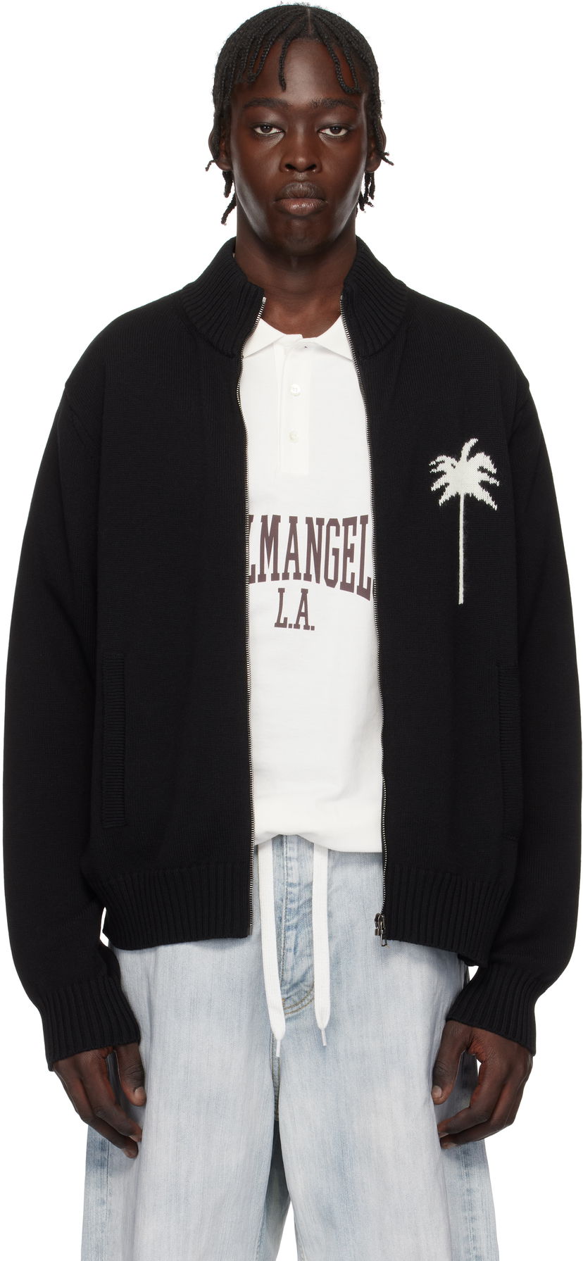 Pleteni pulover Palm Angels Knit Track Jacket With Embroidered Logo Črna | PMHA061S25KNI0011003