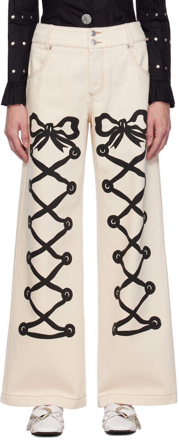 Kavbojke Chopova Lowena Chopova Lowena Ribbon Print Wide Leg Jeans Bež | 4061