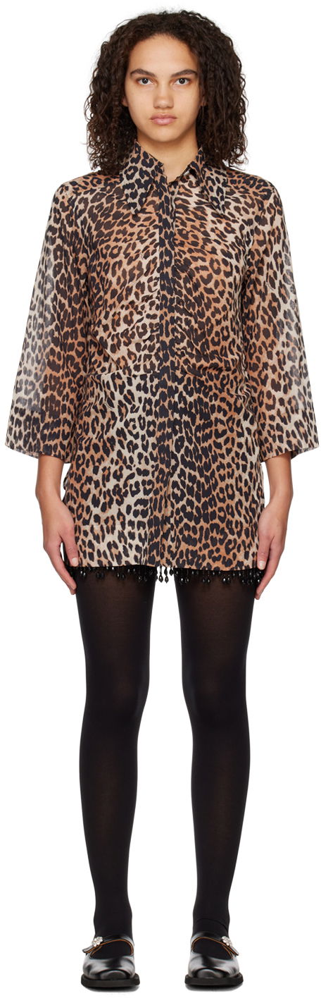 Obleke GANNI GANNI Leopard Print Mini Dress with Beaded Trim Rjava | F6956