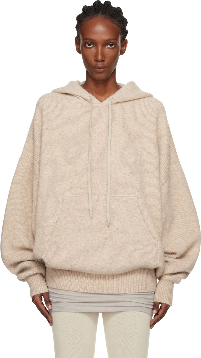 Pulover Rick Owens Concordians Hun Oversized Knitted Hoodie with Kangaroo Pocket Bež | RO02E4660 KWP