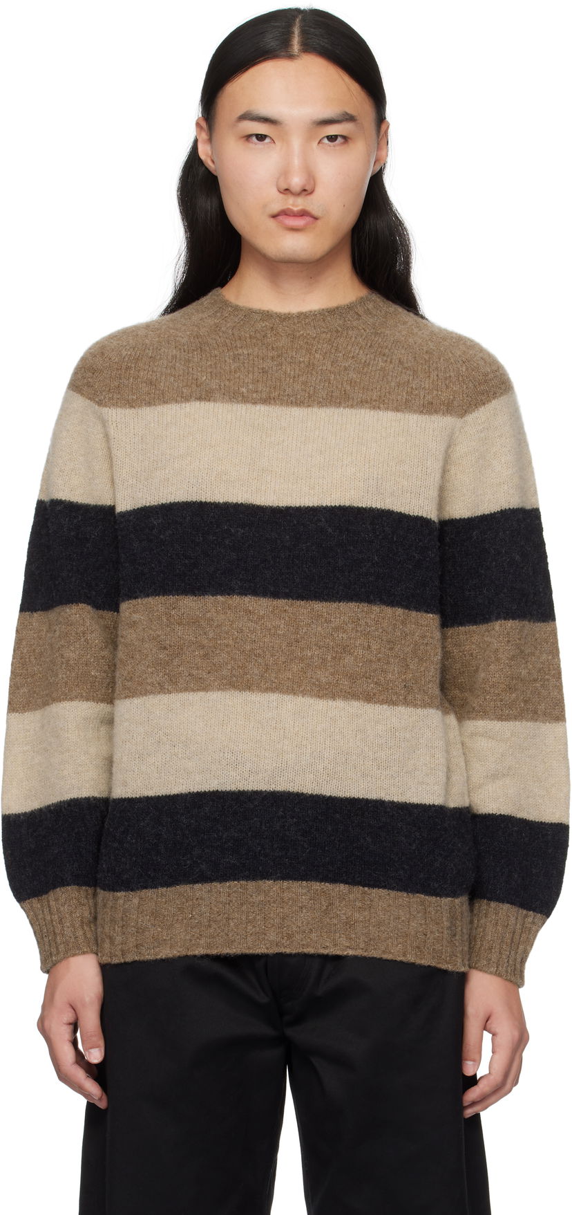 Pleteni pulover BEAMS BEAMS PLUS Crew Stripe Shaggy Sweater Rjava | 38150197319