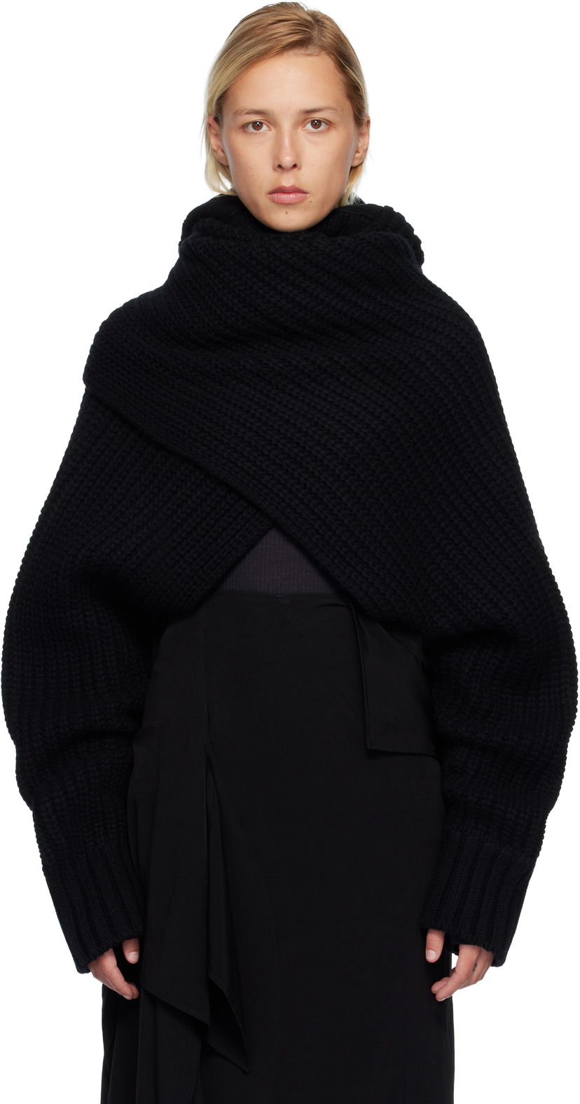 Pleteni pulover sacai Oversized Wool Knit Crossover Turtleneck Črna | 25-08201
