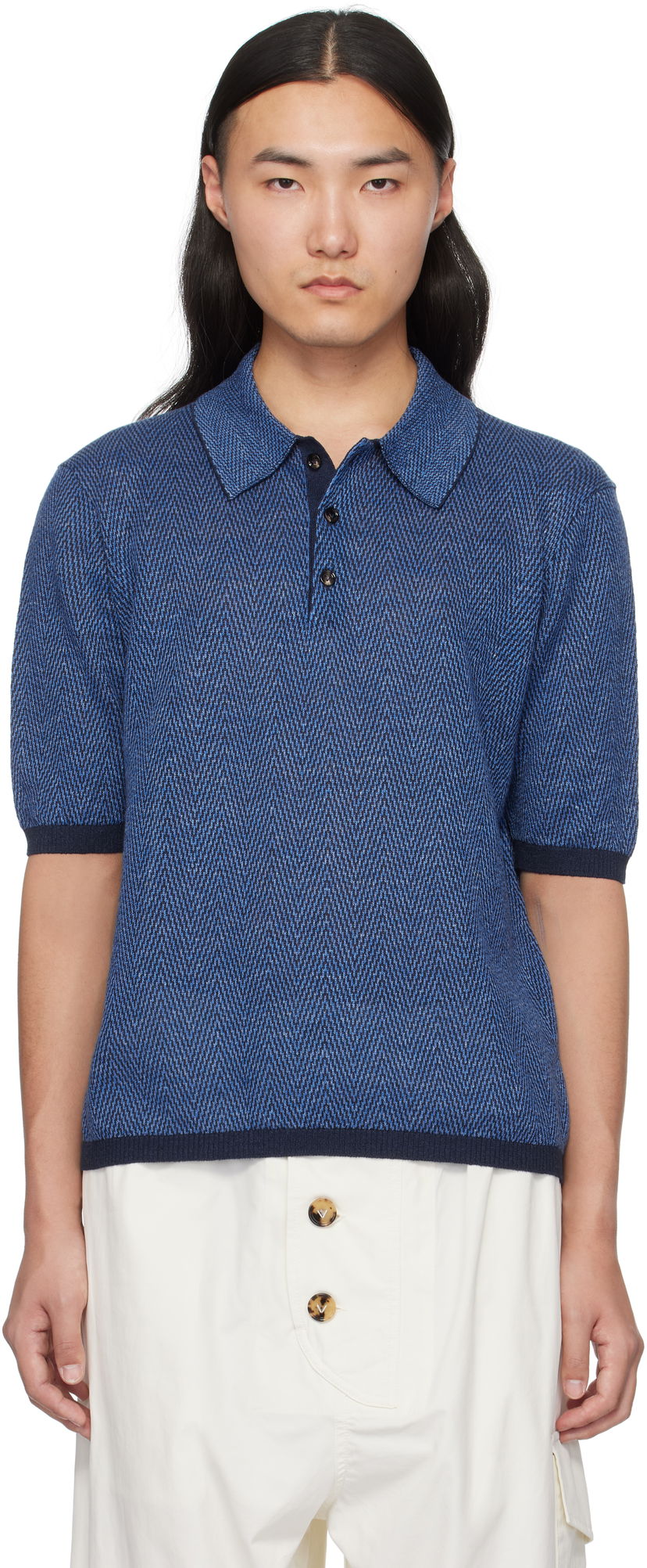 Polo majica Bottega Veneta Bottega Veneta Chevron Knit Linen Polo Modra | 809716V4VW04443