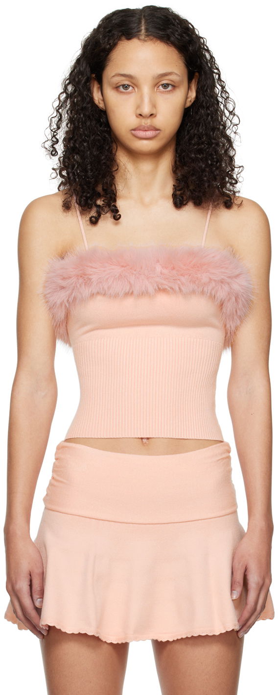 Majica brez rokavov GUIZIO Guizio Feather Trim Knit Camisole Roza | R24602S011
