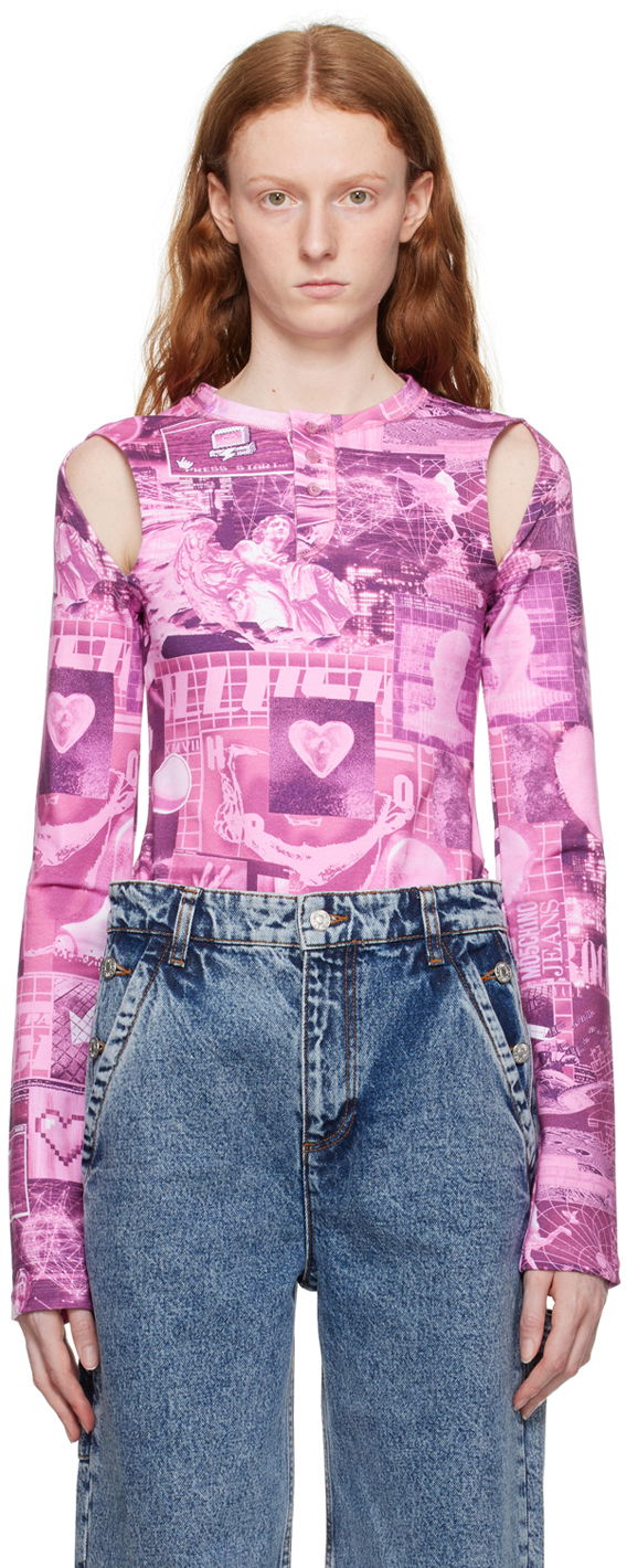 Bodi Moschino Graphic Print Cut-Out Long Sleeve Bodysuit Roza | 1101 8254