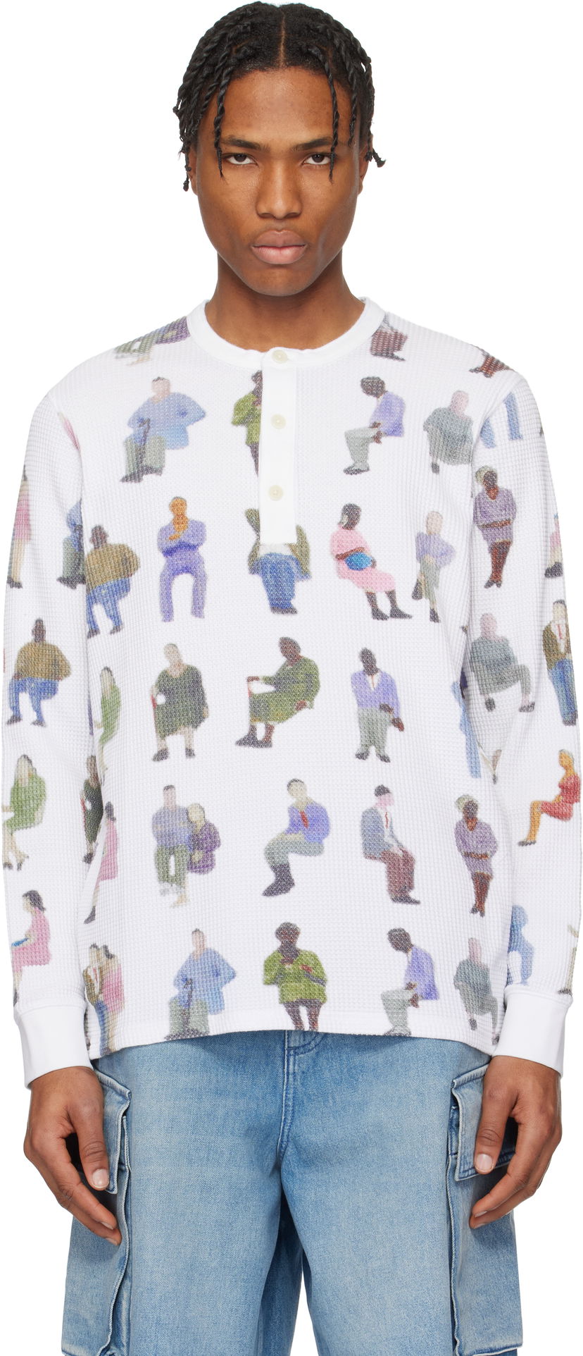 Pleteni pulover JW Anderson JW Anderson Printed Waffle Henley Bela | JO0260-PG1737