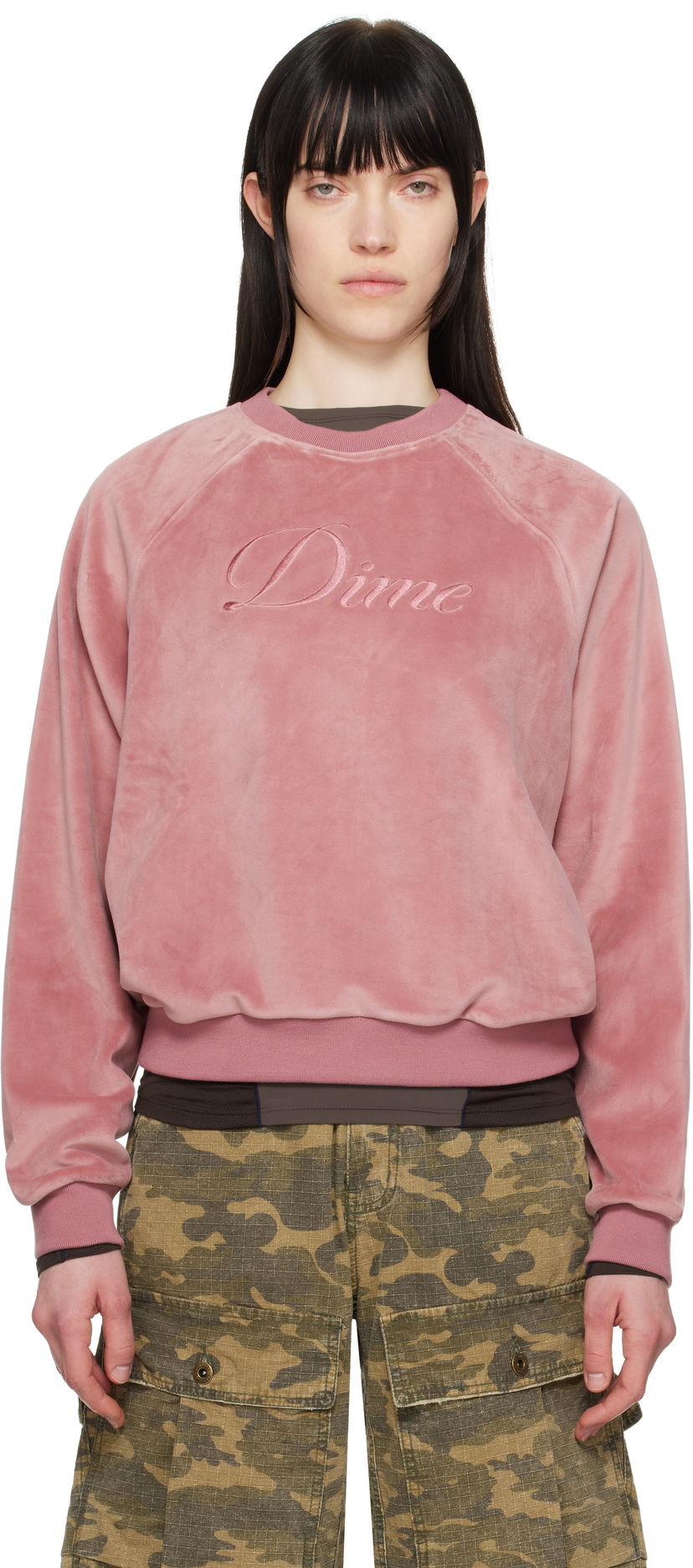 Pleteni pulover Dime Dime Cursive Velour Crewneck Sweatshirt Roza | DIMESP255PIN