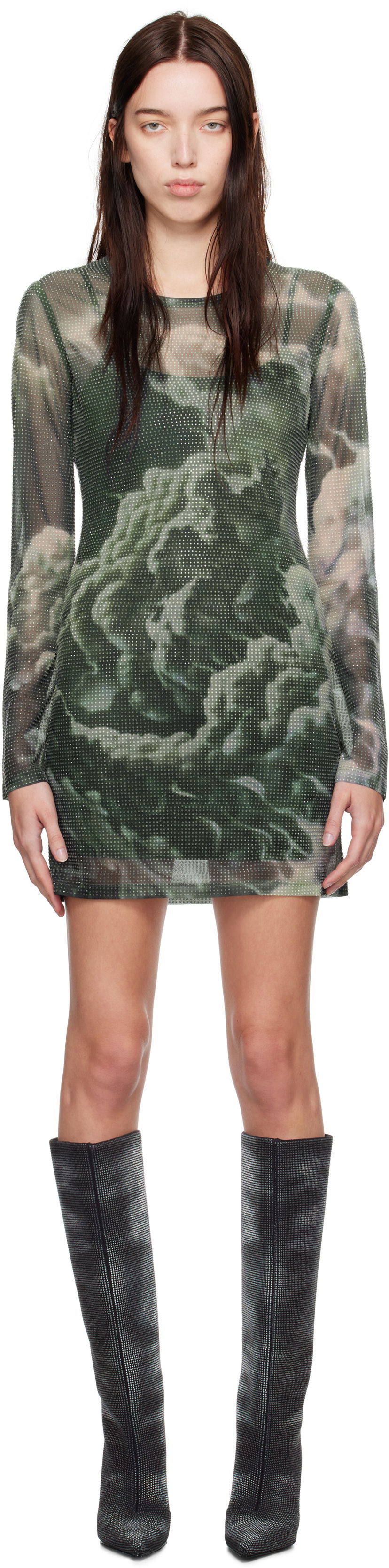 Obleke Alexander Wang Crystal Hotfix Cloud-Print Dress Zelena | 1CC4246700