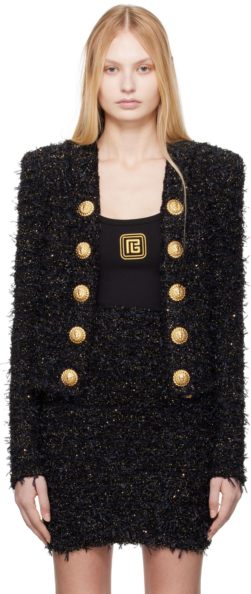 Jakna Balmain Balmain Tweed Jacket with Gold-Tone Buttons Črna | EF1SK048KB19