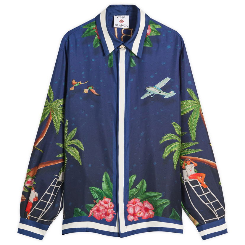 Srajce Casablanca Casablanca Classic Long Sleeve Patterned Silk Shirt, Size Large Modra | MPF25-SH-021-02
