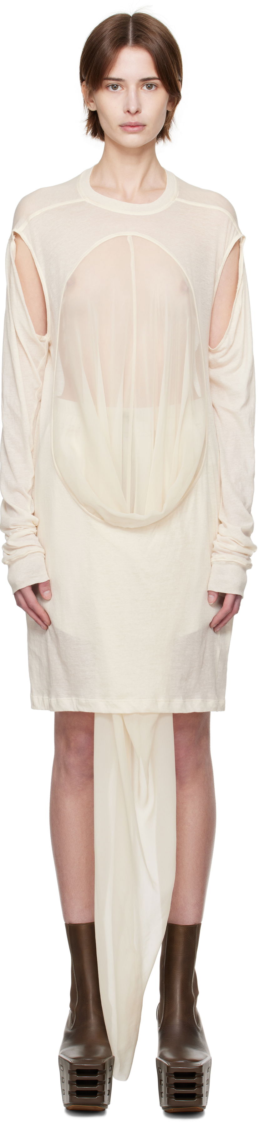 Obleke Rick Owens Rick Owens Draped Long Sleeve T-Shirt Bež | RP01E7205 UCS