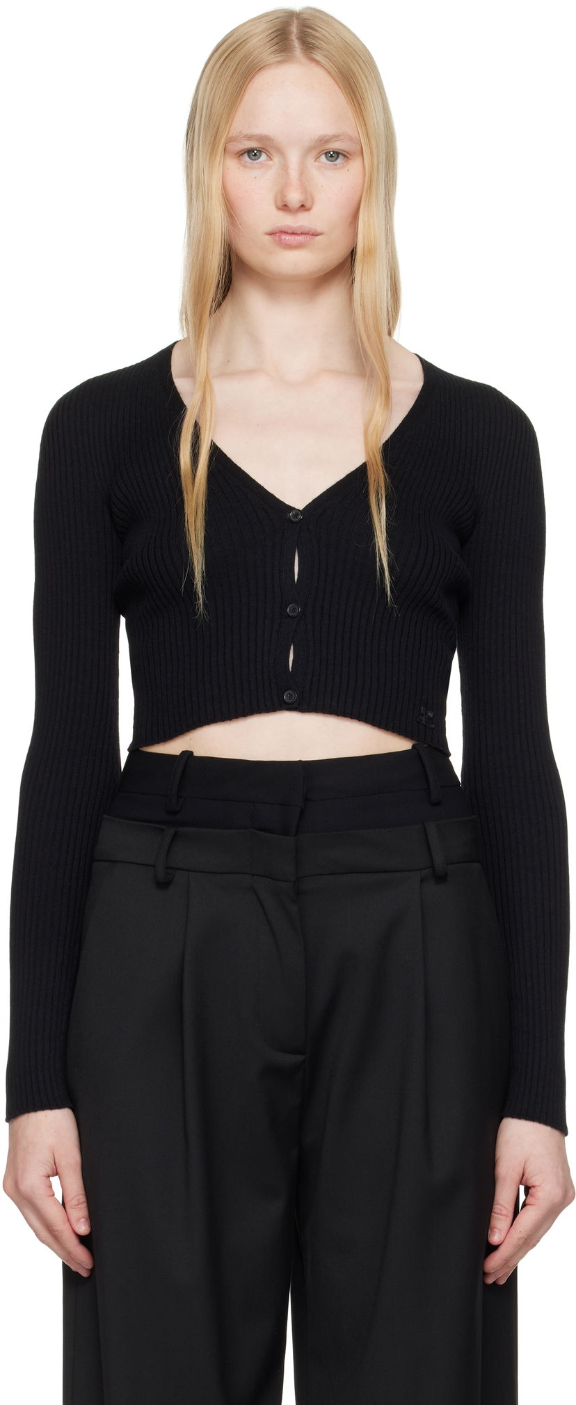 Pleteni pulover Courrèges Courrèges Rib Knit Cropped Cardigan Črna | 225MGI034FI0049