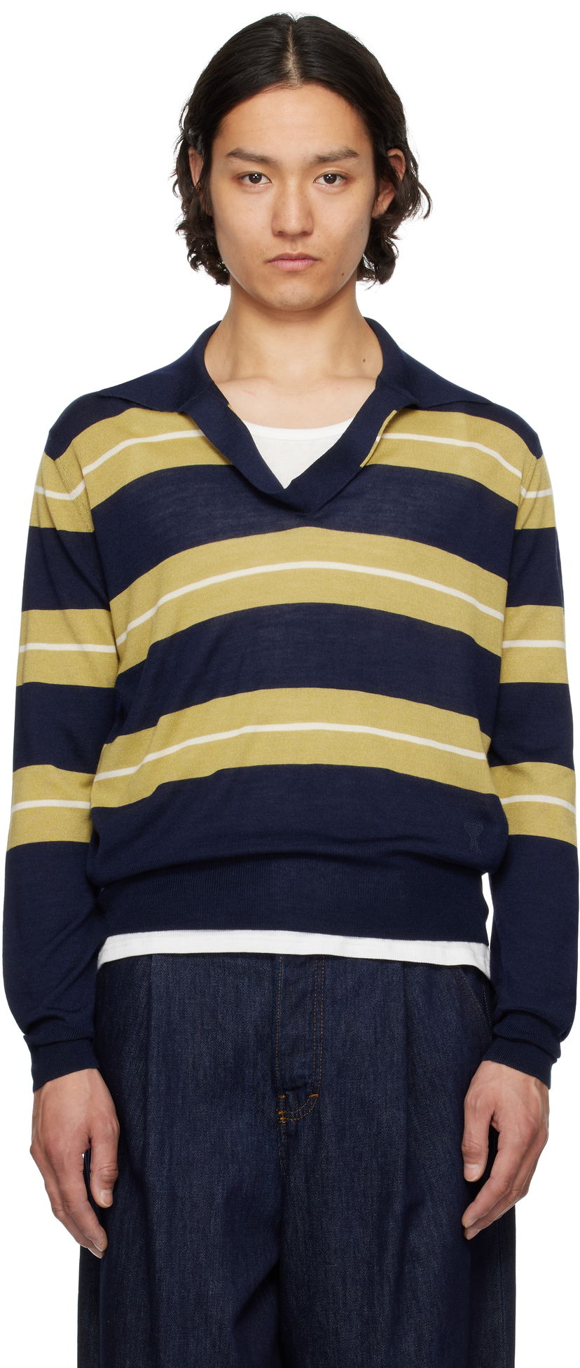 Pleteni pulover AMI AMI Paris Wool Silk Striped Polo Mornarica | HPL376.KN0079