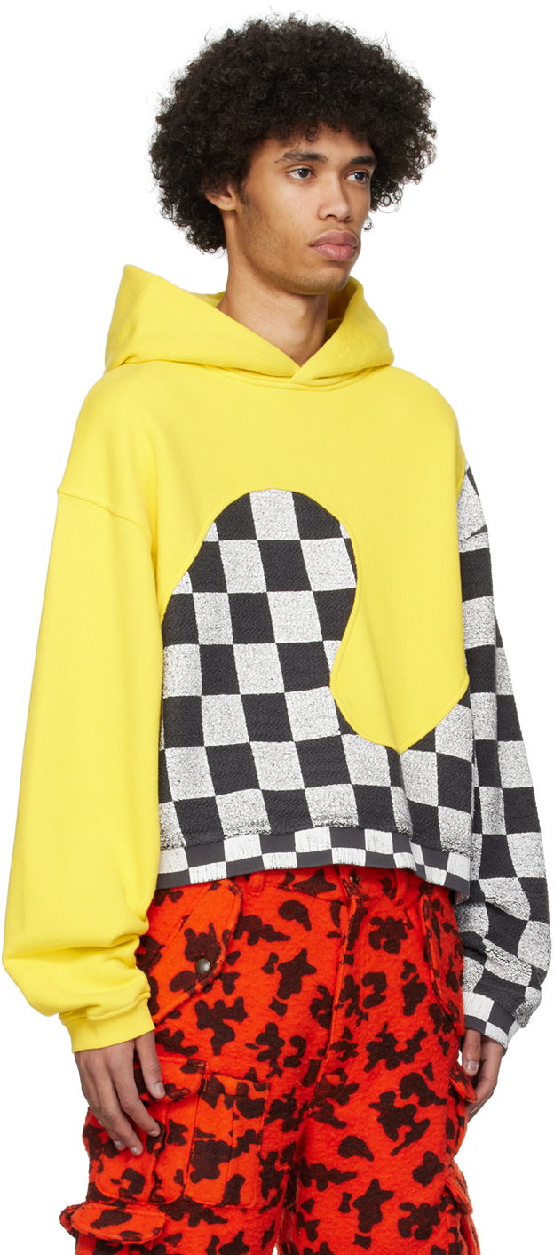 Pulover ERL Checkered Fleece Applique Hoodie Rumena | ERL08T022, 1