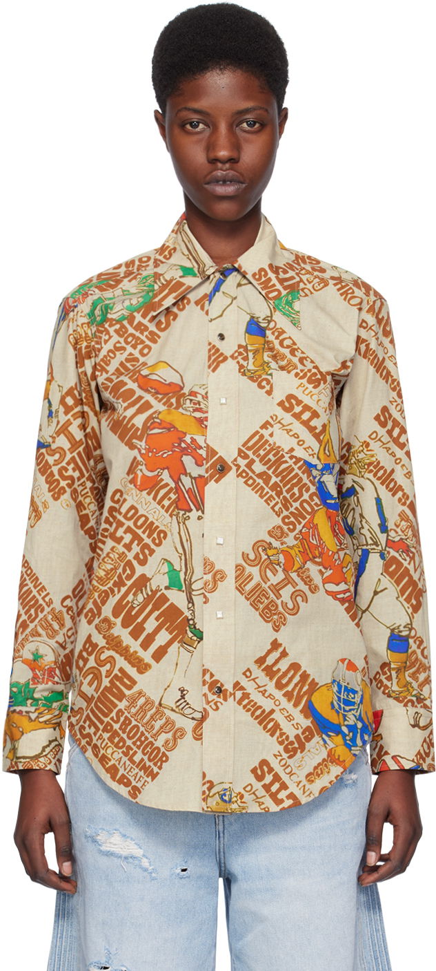 Srajce ERL Brown Graphic-Print Cotton Button-Up Shirt Bež | ERL07B006
