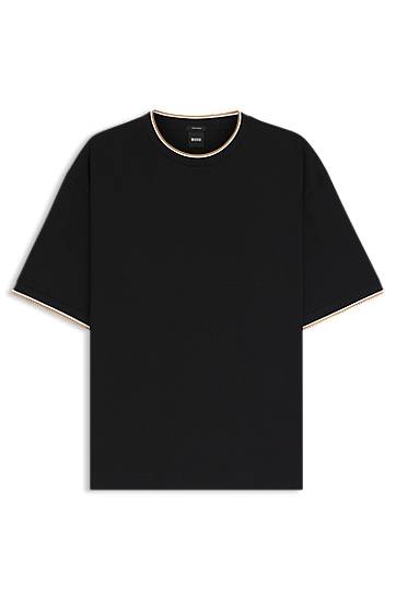 Majica BOSS Cotton T-Shirt with Striped Cuffs Črna | 50548012