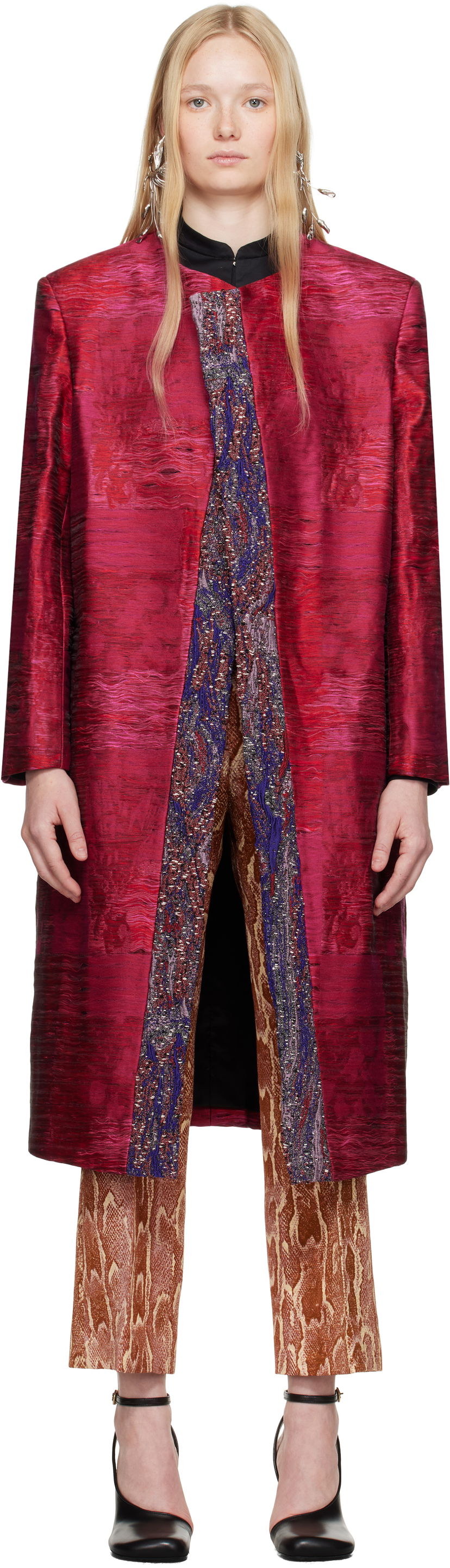 Plašči Dries Van Noten Dries Van Noten Jacquard Panel Coat Rdeča | 251-010222-1544