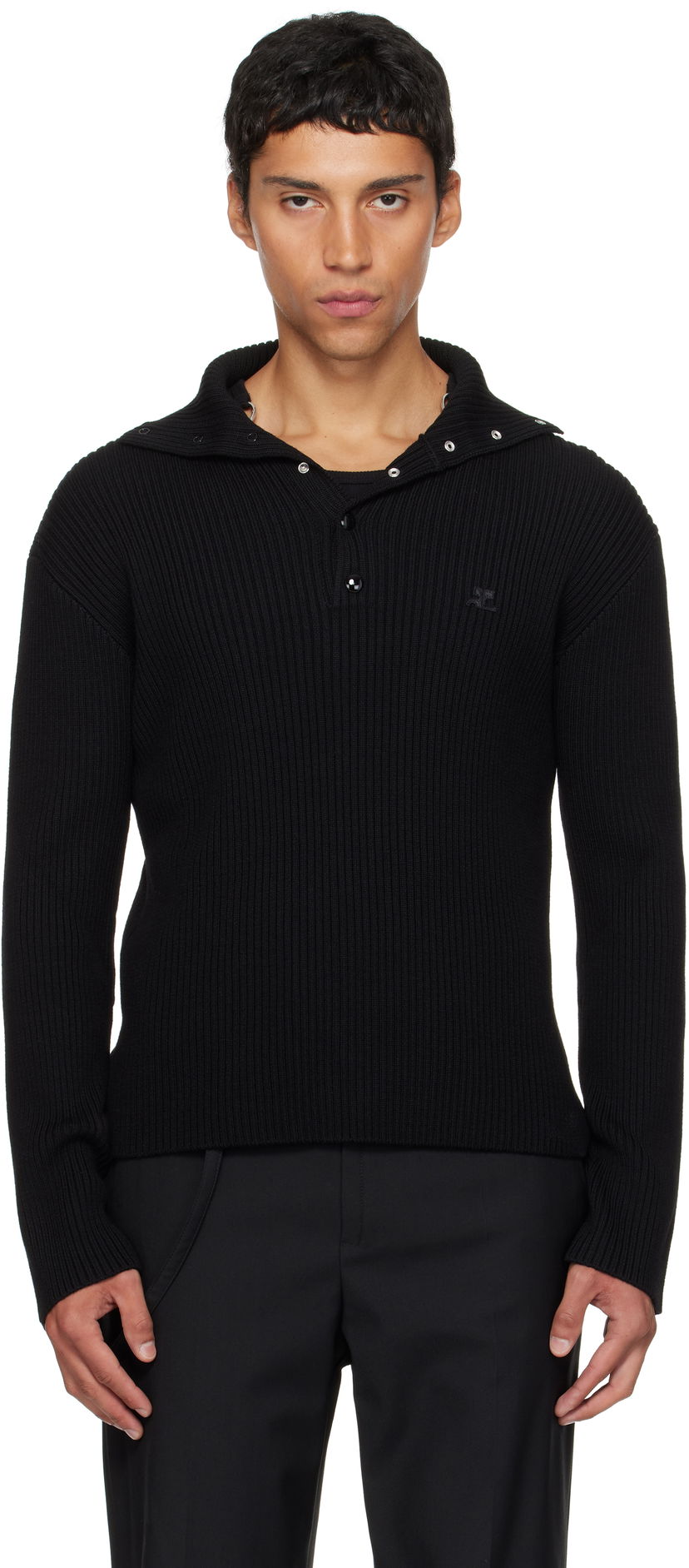 Pleteni pulover Courrèges Courrèges Ribbed Wool Polo Črna | 325MPO050FI0036