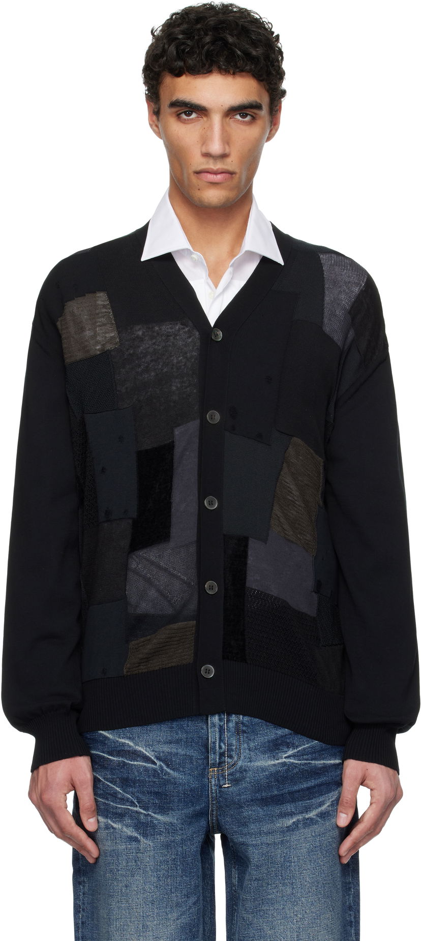 Pleteni pulover Junya Watanabe Junya Watanabe Multi Fabrics Mix Intarsia Pattern Cardigan Črna | WO-N005-051