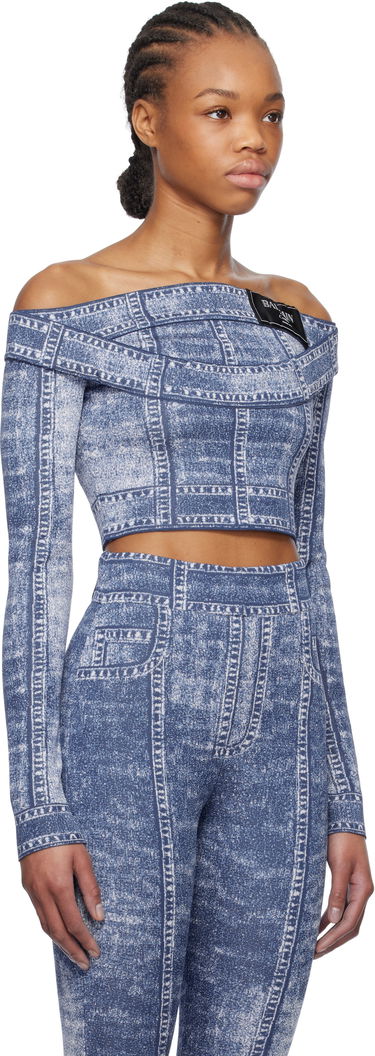 Trenirka Balmain Balmain Denim Off-Shoulder Top Modra | EF1AO385KH80, 1